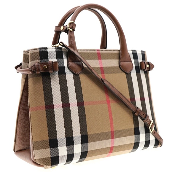Burberry Banner Medium Tote Shoulder Bag Check Canvas Tan New - Picture 1 of 10